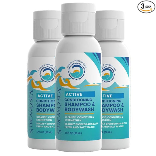 STREAM 2 SEA Shampoo and Conditioner, Body Wash 3-in-1 for Swim - Reef Safe Swimmers Shampoo for Men, Women Kids - All Natural Organic Shampoo Conditioner, Biodegradable Soap Travel Size 1.69oz