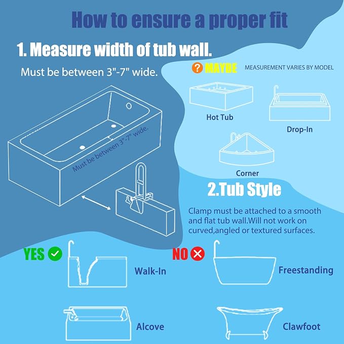 Adjustable Bathtub Safety Rail & Shower Grab Bar for Elderly | No-Drill Shower Handle Grab Bar, Secure Locking Tub Clamp Fits 3 to 7 Inch Tub Walls, Supports 330 lbs