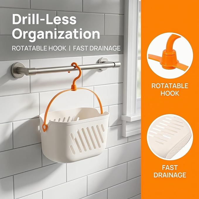 DOITOOL Kitchen Hanging Basket with Hook Plastic Storage Organizer for Shower Bathroom and Kitchen Rotatable Hook and Drainage Design for Ginger Garlic Vegetable Storage 9X5.5X5 Inches