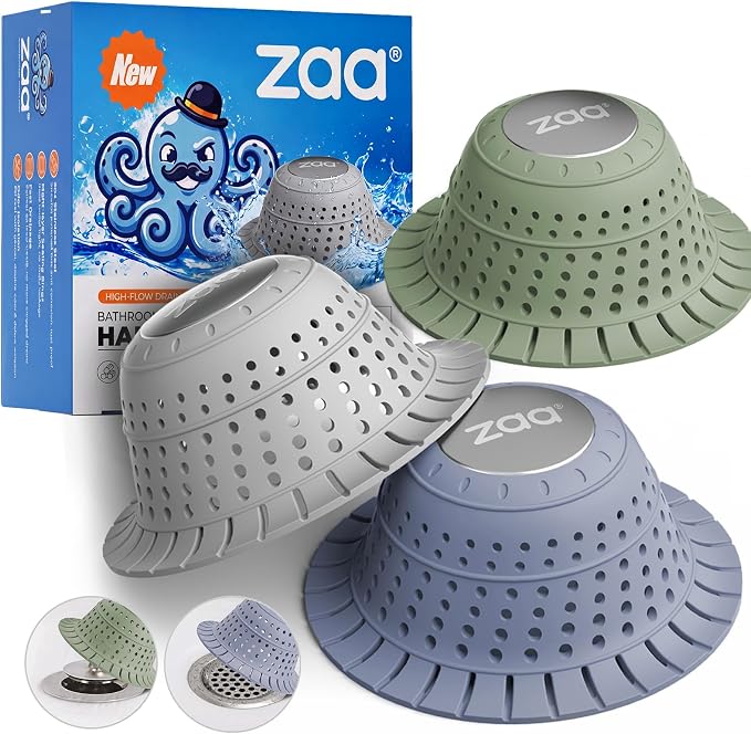 zaa Bathtub Drain Hair Catcher, Silicone Collapsible 3 Pack Drain Protector for Pop-Up and Regular Drains of Shower, Bathtub, Tub, Bathroom, Sink, Green Grey Blue