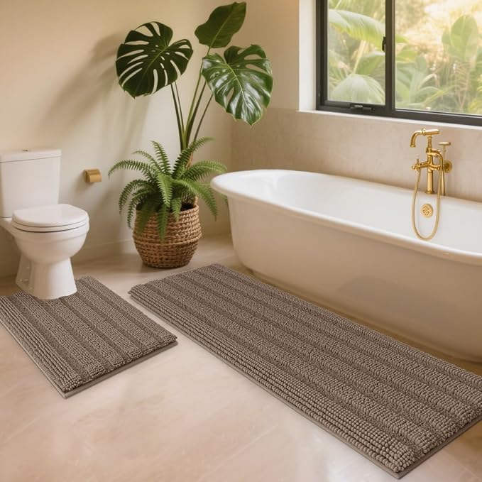 ACCUMTEK Striped Dark Beige Toilet Bathroom Rug Mat Set 2 piece Rug Ultra Soft, Non Slip Chenille Bath Rugs, Absorbent Plush Shaggy Bath Mats for Bathroom, Bedroom, Kitchen, Shower, Tub,Taupe