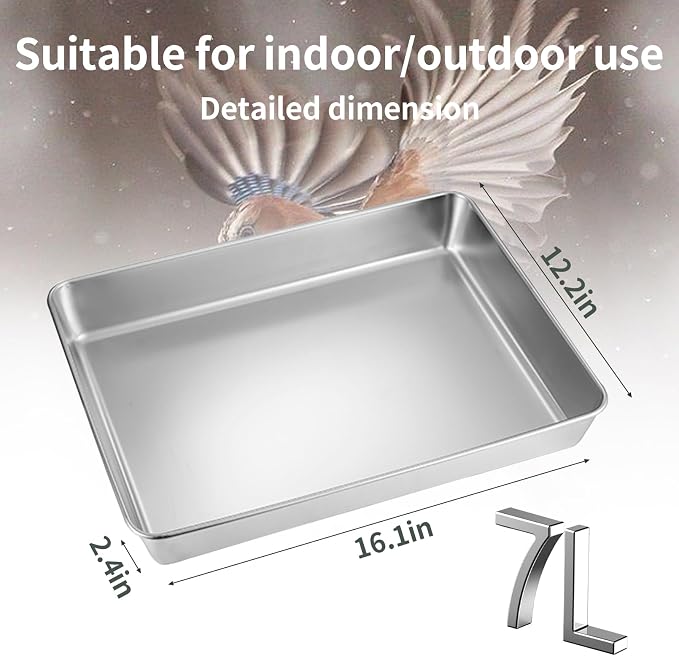 kathson Stainless Steel Bird Bath 16.14"×12.2"×2.36" Metal Bird Bath Tray Pet Bird Cleaning Accessories Bird Bathtub Bird Bath Tray Pet Shower Tub Pigeon Bathtub Bird Cage Bathtub Tray