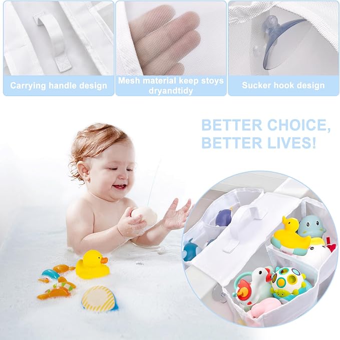 Cerpourt Baby Bath Toys Storage, Saddle Shape 4 Compartment Mesh Bath Toy Organizer, Quick Access Bathtub Toy Holder, Quick Dry Plastic & Polyester Material