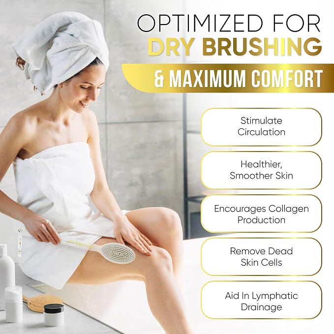 GOLDEZLUX® Firm Body Brush Dual-Sided Shower Brush Back Scrubber - Premium Medium Soft & Stiff Bristles Wet or Dry Brushing - Perfect Durable Non-Slip Long Handle Large Size 17" (Transparent Dual)