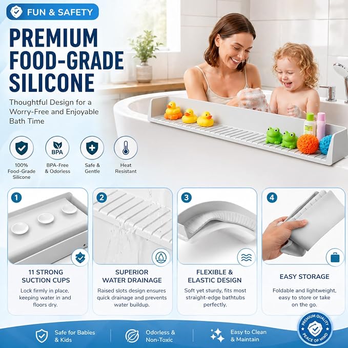 Bathtub Splash Guard for Kids, Silicone Tub Edge Guard & Splash Barrier with Strong Suction Cups, Bath Toy Shelf & Tray Holder, Prevent Water Spills on Bathroom Floor, Extra Long Tub Ledge Shelf