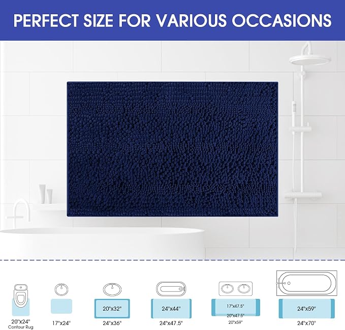 ACCUMTEK Striped Navy Blue Bathroom Rug Mat 59"x20" Ultra Soft, Non Slip Chenille Bath Rugs, Absorbent Plush Shaggy Bath Mats for Bathroom, Bedroom, Kitchen, Shower, Tub