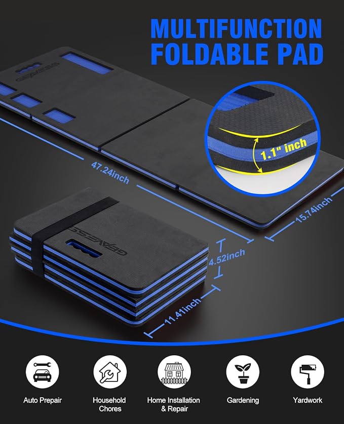 Foldable Kneeling Pad, 47.2" Large Supportive Mechanic Mat with Storage Strap & Tool Tray, Extra Thick Comfortable Foam Knee Pad for Gardening, Garage, Workshop Repairing