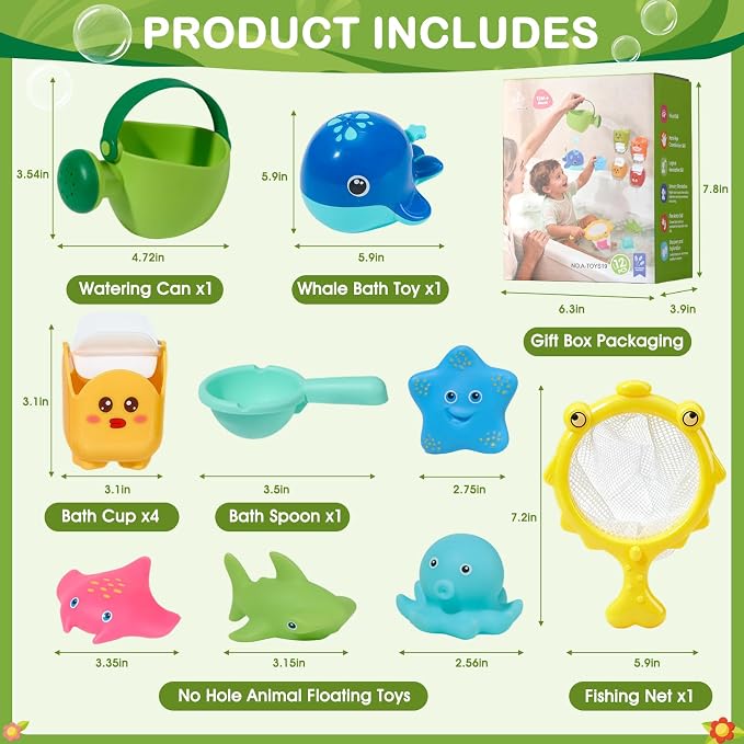 Baby Bath Toys for Kids Ages 1-3, Mold Free Toddler Bathtub Pool Water Table Toys for 1 2 3 Year Old Girls Boys, No Hole Floating Animals, Fishing Net Watering Can Tub Toys for Babies 12+ Months