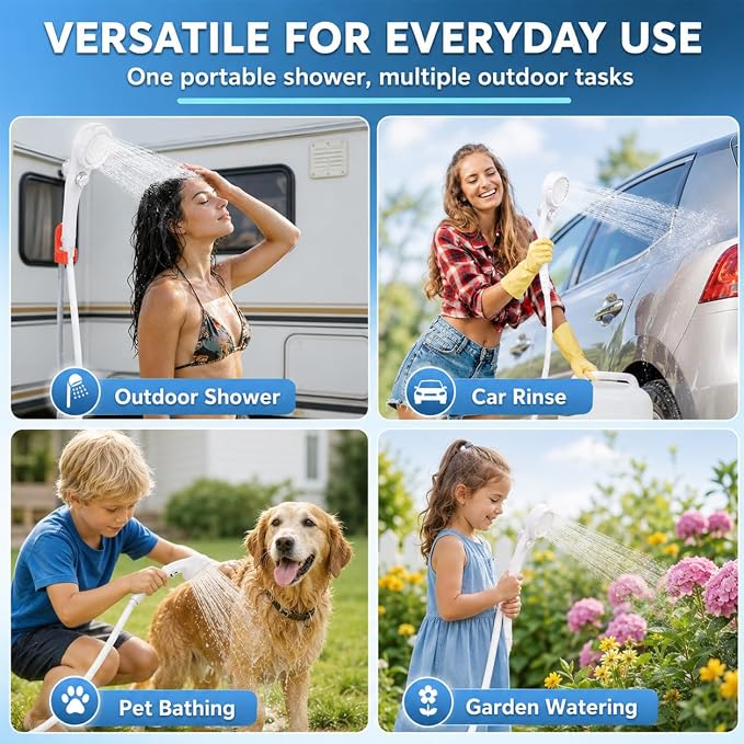 Portable Shower for Camping, 7800mAh Rechargeable Camping Shower Pump with USB-C, IPX8 Waterproof Outdoor Shower Kit with 3 Spray Modes, Portable Shower Head for Camp, RV, Beach, Pet Washing & Hiking
