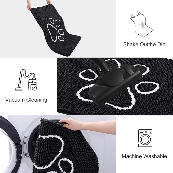 Smiry Dog Door Mat for Muddy Paws, Absorbent Dirt Trapper Non Slip Quick Dry Washable Chenille Mat for Mud Dogs, Entry Rug for Indoor and Outdoor (59x20 Inches, Black and White)