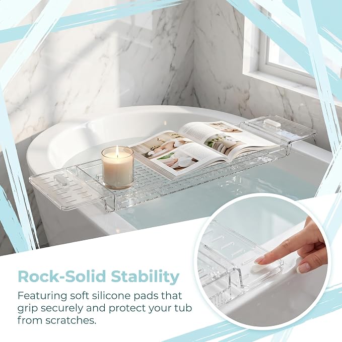 Expandable Clear Acrylic Bathtub Tray Caddy, Foldable Non-Slip Bath Table Tray with Drain Slots, Acrylic Tub Organizer, for Weddings, Anniversaries, Bridal Showers, and New Homes