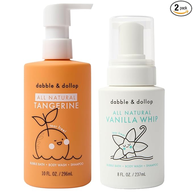 Dabble & Dollop Tangerine + Vanilla Kids 3-in-1 Body Wash, Shampoo & Bubble Bath Bundle – Gel + Foam Whip Set, Tear-Free, Gentle, Natural-Origin, Hypoallergenic and Safe for Sensitive Skin (Pack of 2)