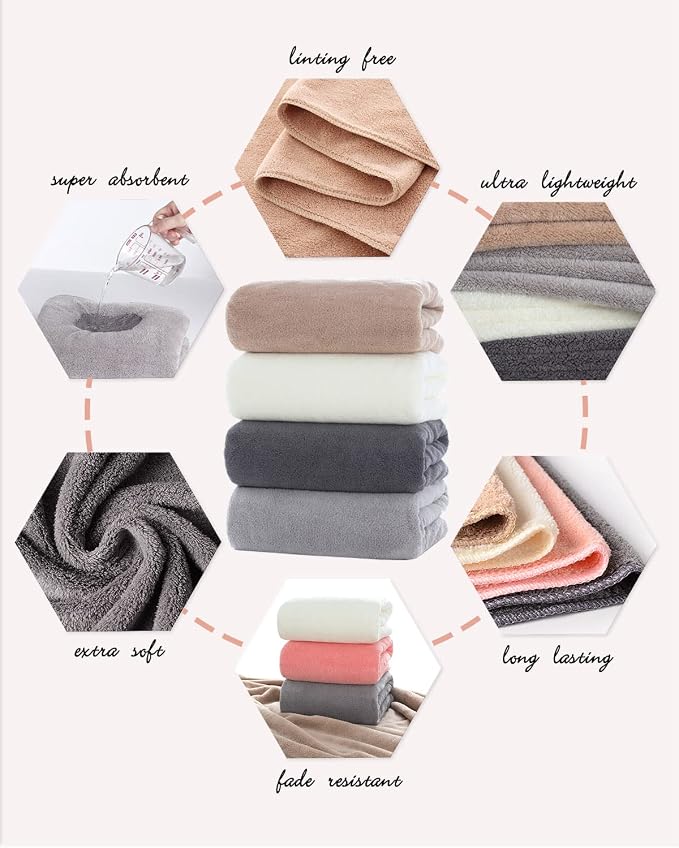 Lumimi Towels 4 Piece Very Soft Microfiber Bath Towel Set Fast Drying Super Absorbent Lightweight and Durable Bathroom Gym Yoga Travel, 55" L x 27" W, 4 Pack Multicolour B