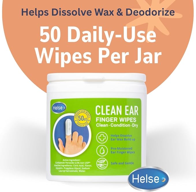 Helse Ear Cleaning Finger Glove - Human Ear Brush - Safely Remove Earwax, Sweat, Oil & Dirt Around, Behind & Inside Ears - Gentle Soft Earlobe Cleaner Wipes for Babies, Adults & Pets (50 Count)