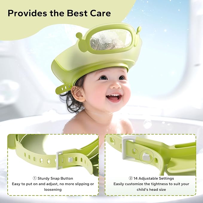 FUNUPUP Baby Shower Cap Toddler Hair Washing Shield Adjustable Bath Visor for Kids Shampoo Hat with Eyes Ears Cover 1-15 Years Boys Girls Essentials for Bath Time, Green