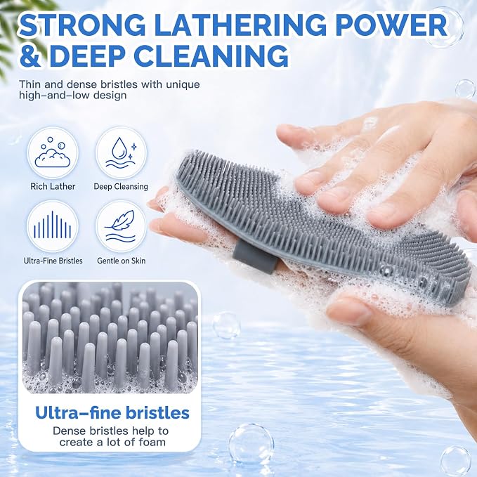 Manmihealth Silicone Back Scrubber (Thin Bristles) & Shower Face Brush Set(3PCS), Gentle-Cleaning & Exfoliating Body Scrubber, Bath Glove, Face Scrubber Combination (Gray)