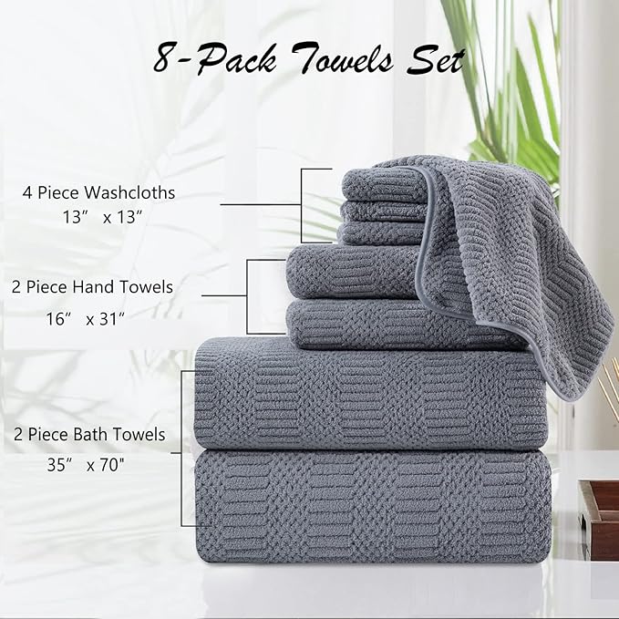 8 Pcs Gray Oversized Bath Towel Set-2 Extra Large Bath Sheets,2 Hand Towels,4 Washcloths Soft Bathroom Towels Highly Absorbent Quick Dry Beach Chair Towels Woven Towels for Hotel and Spa