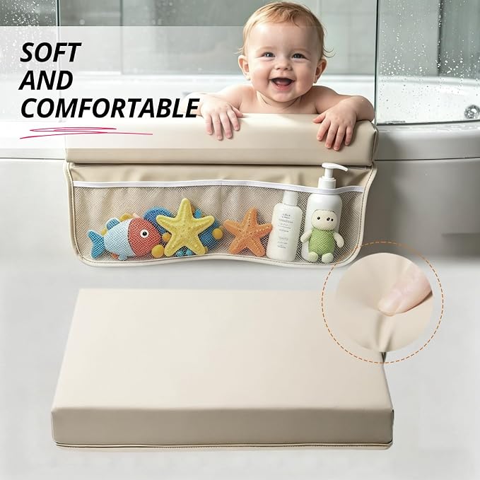 Baby Waterproof Vegan Leather Bath Kneeler and Elbow Rest Pad Set | Thickened Non-Slip Memory Foam Knee & Arm Support Bathtub Mat with Toy Organizer for Infant Toddler Bathing