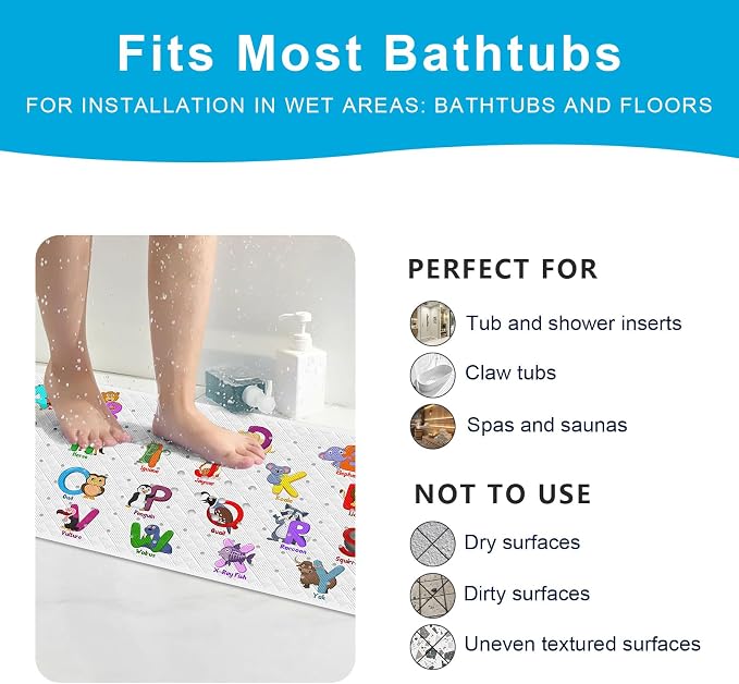 XIYUNTE Baby Bath Mat for Tub Non Slip Kids Bath Mat - 40''x16'' Extra Long Cartoon Bathtub Mat Non Slip Kids Shower Mat Eco-Friendly Toddler Bath Mats with Suction Cups, Machine Washable