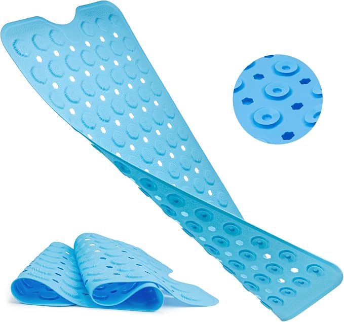 Silicone Anti Slip Bathtub Mat Bath Shower Non-Slip 35x16 for Standard Tub Kids for Elderly Safety Large Thick with Sensory Acupressure Textured Strong Suction Cups & Drain Holes Easy Clean & Dry
