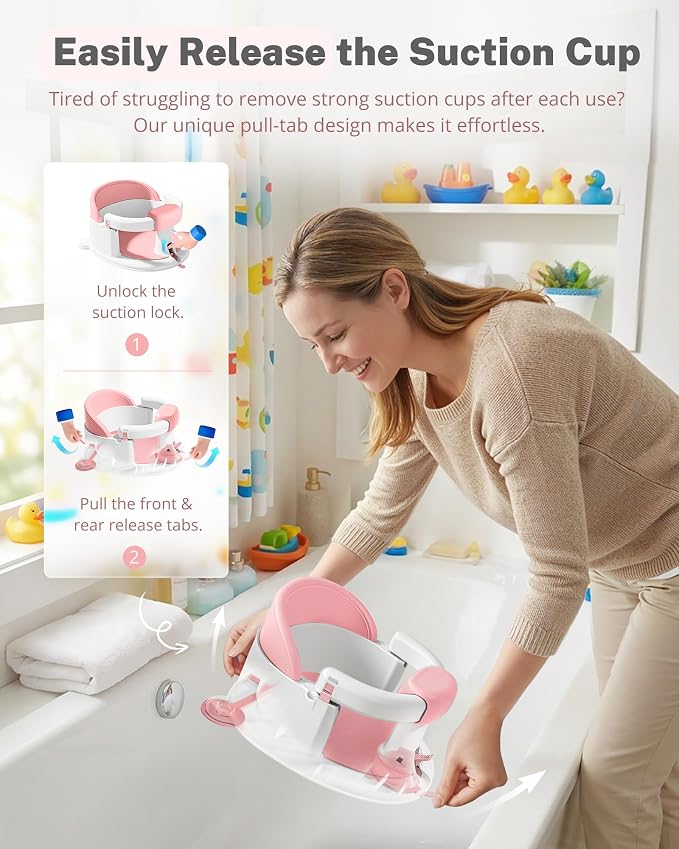 ONTHEWEI Baby Bath Seats for Babies Sitting Up, Non-Slip Baby Bathtub with 3 Suction Cups, Safe & Comfortable Toddler Bath Seat Ideal for Baby Bath/Shower Support, Stable Design, Pink (6-24 Months)
