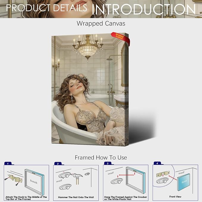 Elegant Vintage Bathing Woman Wall Art Luxury Bathroom Poster with Crystal Chandelier Classic Victorian Spa Art Print Aesthetic Wall Decor for Powder Room Apartment 12X18 in Unframed