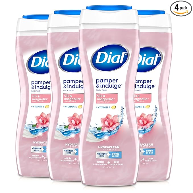 Dial Body Wash, Hydraclean Complex & Vitamin E, Gentle, Leaves Skin Feeling Nourished, Dermatologist-Tested, No Parabens & Sulfates, Pamper & Indulge, Silk & Magnolia, 16 Fl Oz (Pack of 4)