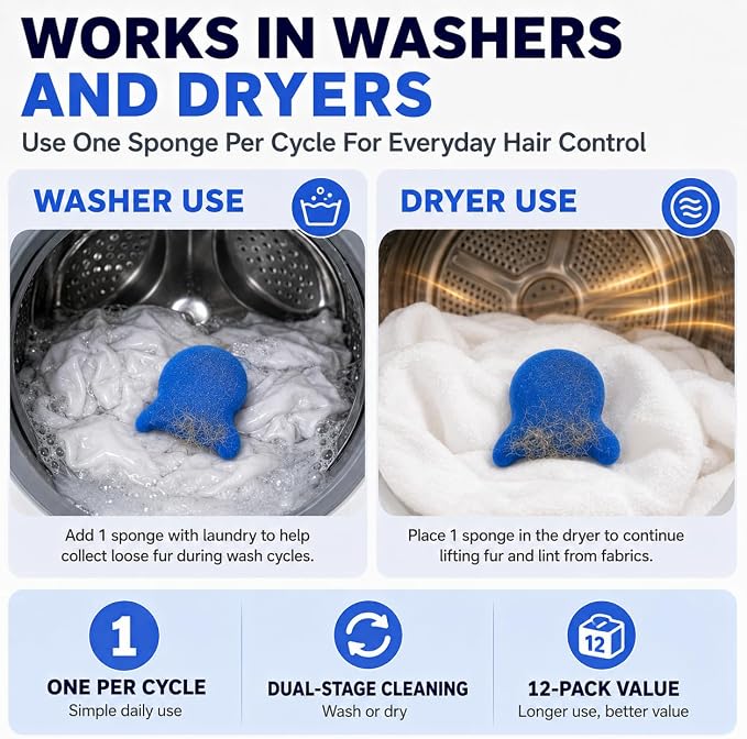 12 Pack Pet Hair Remover for Laundry, Reusable Laundry Hair Catcher for Washing Machine & Dryer, Effectively Removes Dog and Cat Fur, Lint, and Dander from Clothing, Bedding, and Coats