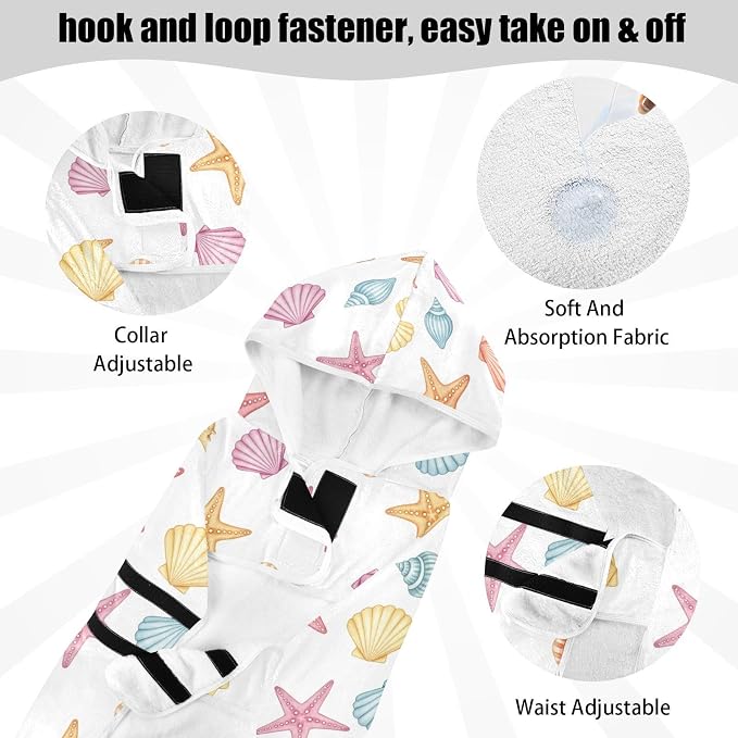 Beach Seashells White Starfish Printing Dog Bathrobe Towel Super Absorbent Dog Drying Coat for Drying Dogs, M