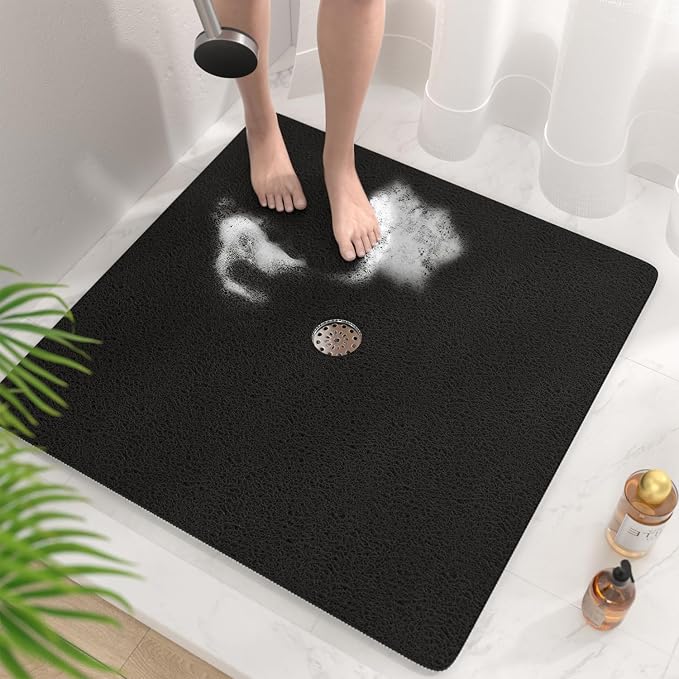 HITSLAM Square Shower Mat, 36 x 36 Inch Non Slip Bath Mat for Tub, Soft PVC Loofah Bathtub Mats with Drain Holes, Quick Drying Bathroom Stall Floor Mat, Bathroom Accessories Without Suction Cup, Black