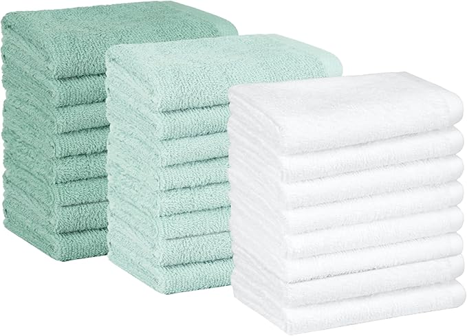 Amazon Basics Highly Absorbent, Soft & Durable 100% Cotton Washcloths for Bathroom, Body and Face, Lightweight, Fast Drying, 12 x 12 inches, Seafoam Green, Ice Blue, White, (Pack of 144)