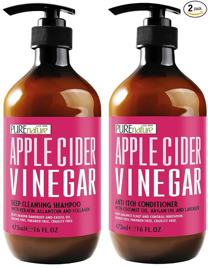 Apple Cider Vinegar Shampoo and Conditioner Set - Sulfate Free, Anti Itch Formula for Flaky Scalp - Buildup Remover for Oily Hair - Frizz Control for Women and Men - 16 Fl Oz (Set of 2)