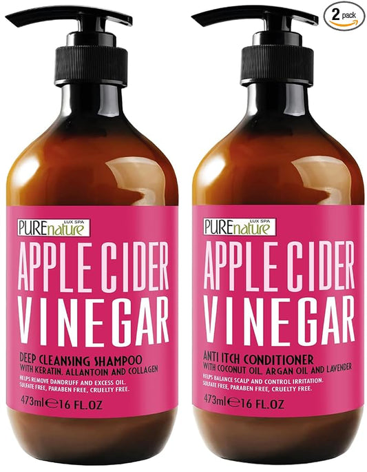 Apple Cider Vinegar Shampoo and Conditioner Set - Sulfate Free, Anti Itch Formula for Flaky Scalp - Buildup Remover for Oily Hair - Frizz Control for Women and Men - 16 Fl Oz (Set of 2)