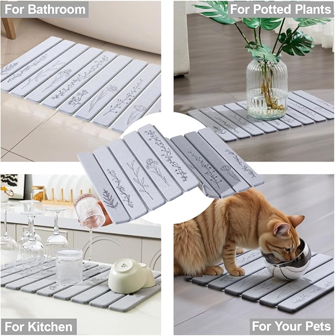 Large Stone Bath Mat - 32x20 Inch, Super Absorbent Diatomite Earth Extra Large Bath Mats for Bathroom, Quick Dry Non-Slip Foldable Stone Drying Mats for Kitchen & Bathtub (Light Gray Floral Decor)