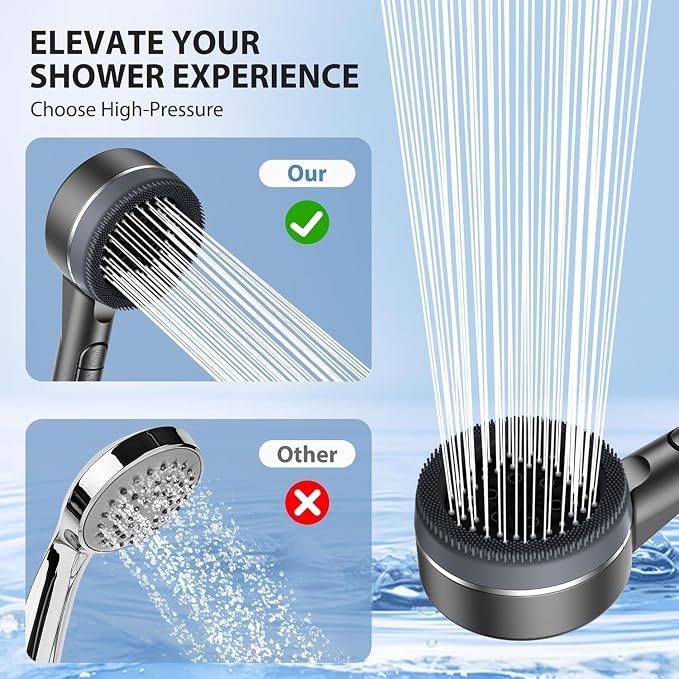 High Pressure Shower Head, High Power Shower Head and Hose Set with 3 Filters, 59‘’ Hose & Bracket, 4 Spray Modes & Pause Switch, Hard Water Filtered Showerhead with Handheld, Light Gray