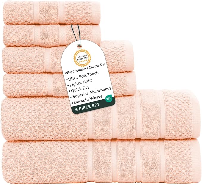 Feather & Stitch 100% Cotton 625 GSM Bath Towel Set of 6, Ultra Soft Highly Absorbent 2 Bath Towels, 2 Hand Towels & 2 Washcloth - Luxury Quick Dry Shower Towels (Pale Peach)