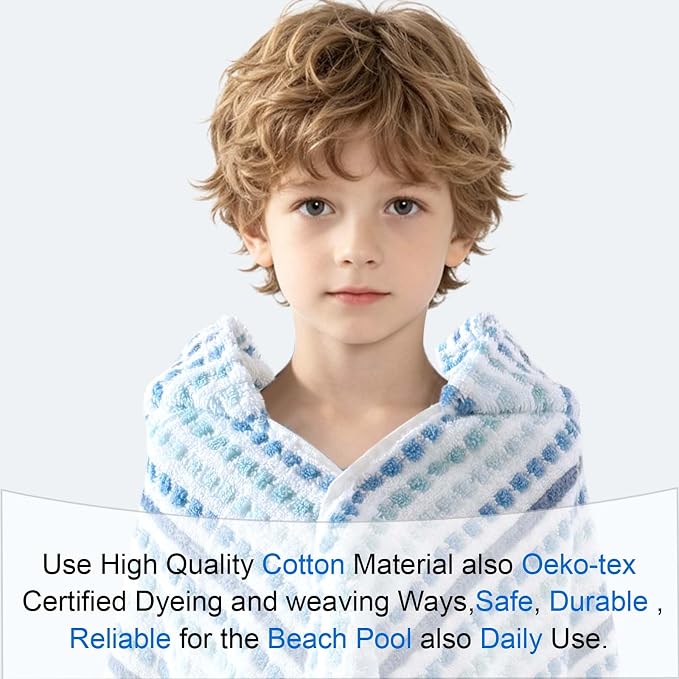 VOOVA & MOVAS Hooded Bath Towels for Kids | Soft Absorbent 100% Cotton Thick Towel Wrap | Versatile Beach, Pool, Swim & Bath Cover-Up | Blue White Plaid