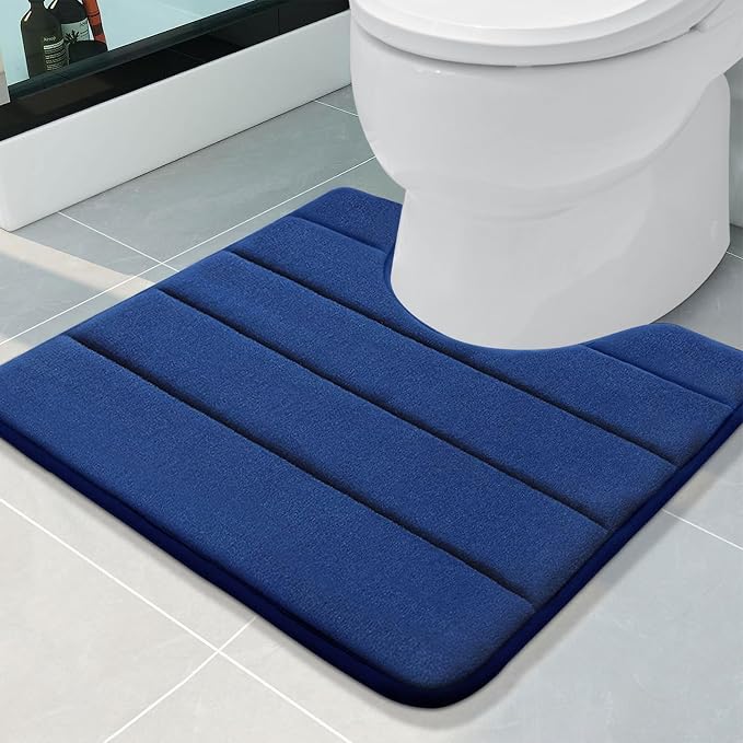 Buganda Memory Foam U-Shaped Contour Toilet Rugs, Absorbent, Thick Soft Washable Bathroom Mat, Floor Carpet Bath Rugs Mat for Toilet Base (20" x 20", Navy Blue)
