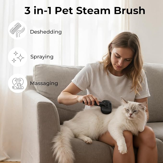 Pecute Self-Cleaning Steam Dog Cat Brush for Heavy Shedding/Long Coats | Gentle, Undercoat removal & smoothing, Shedding control, For water-anxious pets, 2 cool mist modes, XL tank, 240-min runtime