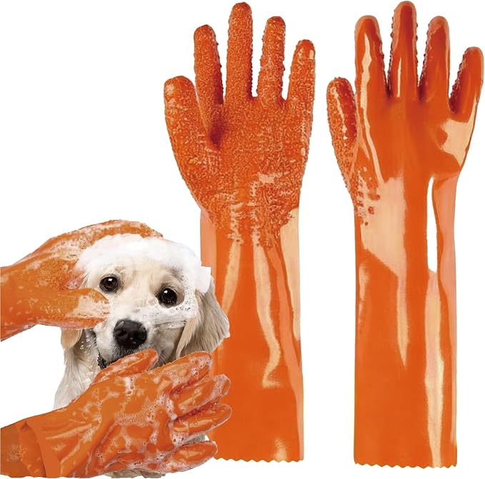 YOFANG 14" Long Pet Grooming Gloves for Washing & Hair Removal,Waterproof Rubber Cat Bite-Proof Brush Gloves,Dog Bath Glove with Soft 3500+ Particles Massage,Orange