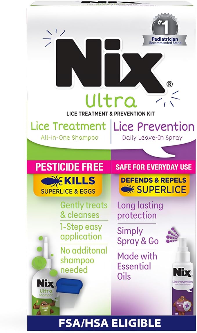 Nix Ultra All-in-One Treatment & Prevention Kit, 4 Fl Oz Shampoo, Comb and 6 Fl Oz Daily Leave-In Spray – Gentle Pesticide-Free Head Lice Remover Kit