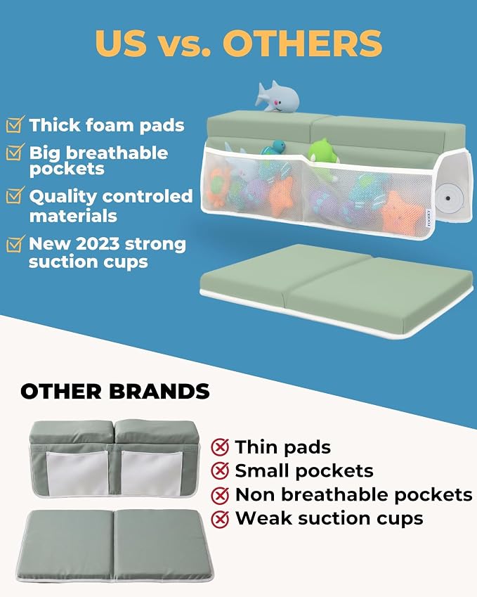 Comfortable Baby Bath Kneeler and Elbow Rest Pad Set – Thick Memory Foam Bath Kneeling Pad with Elbow Support – Baby Bathtub Cushion with Toy Organizer for Bathing Infant or Toddler - Green
