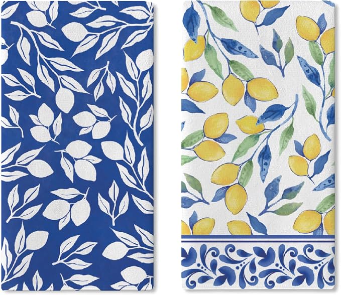 Italian Capri Blue Lemon Kitchen Dish Towels Set of 2, Amalfi Coast Italy Tile Pattern Citrus Drying Hand Towel Baking Cooking Cloth, Summer Mediterranean Bathroom Home Decoration 18'' x 26''