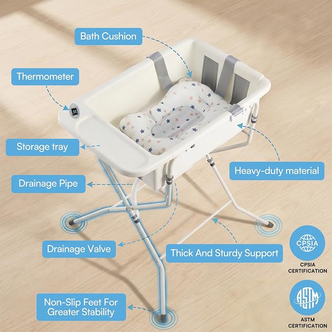 Baby Bathtub with Stand,Collapsible Infant Bath Tub | Large Capacity Newborn Toddler Shower with Thermometer & Soft Cushion for Baby 0 to 36 Months