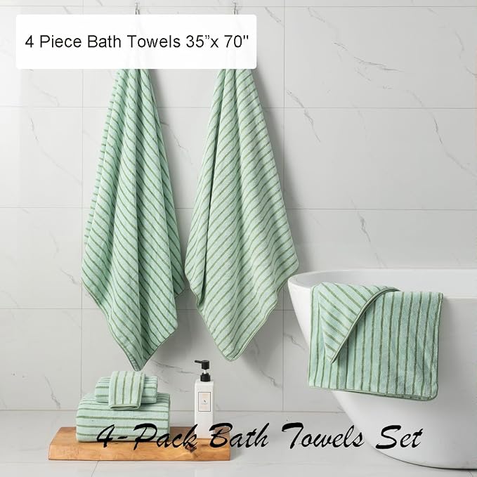 4 Pcs Green Cabana Stripe Large Bath Sheets Soft Polyester Bathroom Towels | Fluffy oversized towel with hang loops absorbent quilck dry easy replacement family dorm sets for home beach pool gym yoga