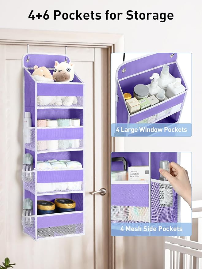 Yecaye Over the Door Organizer, 35.2lbs Load Toy Stuffed Animal Storage, Bathroom Organizers and Storage for Nursery Newborn Baby Essential Stuff Dorm Room Essentials, Purple 4 Tier