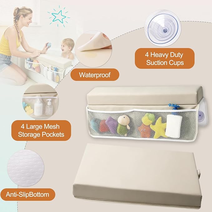 Baby Waterproof Vegan Leather Bath Kneeler and Elbow Rest Pad Set | Thickened Non-Slip Memory Foam Knee & Arm Support Bathtub Mat with Toy Organizer for Infant Toddler Bathing