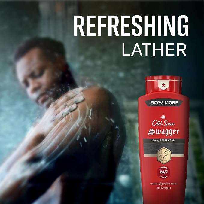Old Spice Refreshing Body Wash for Men, 3X Defense, 24/7 Shower Fresh with Long Lasting Scent, Red Collection, Swagger with Cedarwood Scent, 24 oz (Pack of 4)