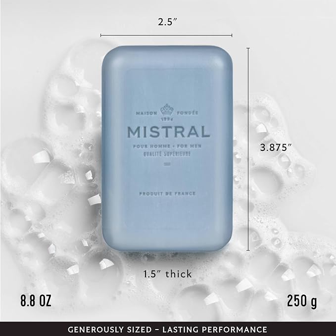 Mistral Silver Agave Luxury Bar Soap for Men | Men’s Natural Soap Bar | Paraben, Phthalates Free | Moisturizing & Triple-Milled Natural Soap for Men - Made in France | Large, 8.8 oz