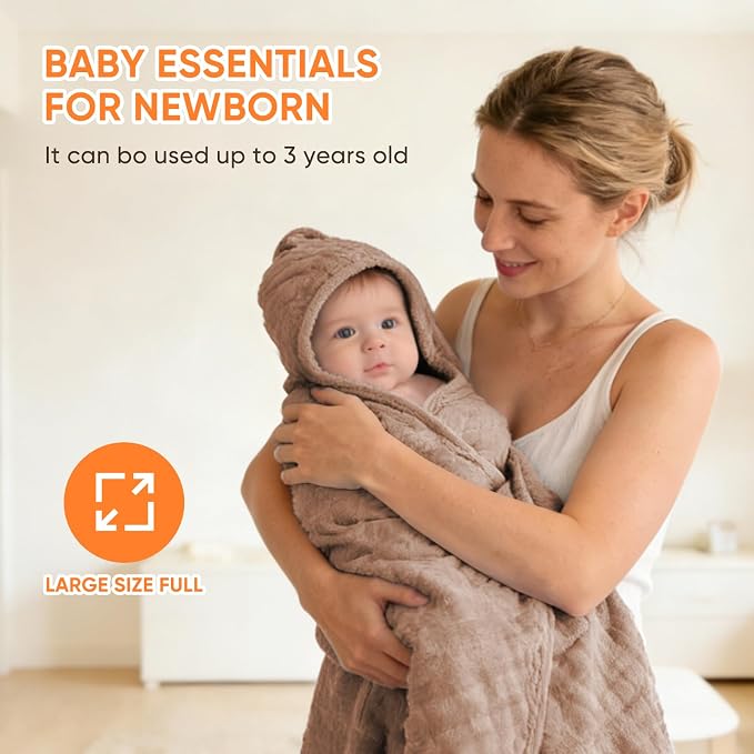 MIGIOL Muslin Hooded Baby Towels 100% Cotton ，Super Soft Muslin Baby Bath Towel - 32 x 32 Inches, Suitable for Newborn and Young Children up to 3 Years Old. (Beige & Coffee)
